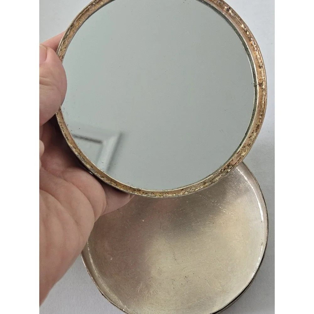 Vintage Persian Repousse Round Box Lid & Mirror Raised Bird Motif Silver Tone